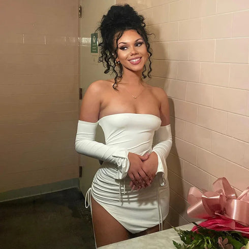 Sexy Off Shoulder Long Sleeve Pleated Tight Fit Dress for Women Party Club Evening